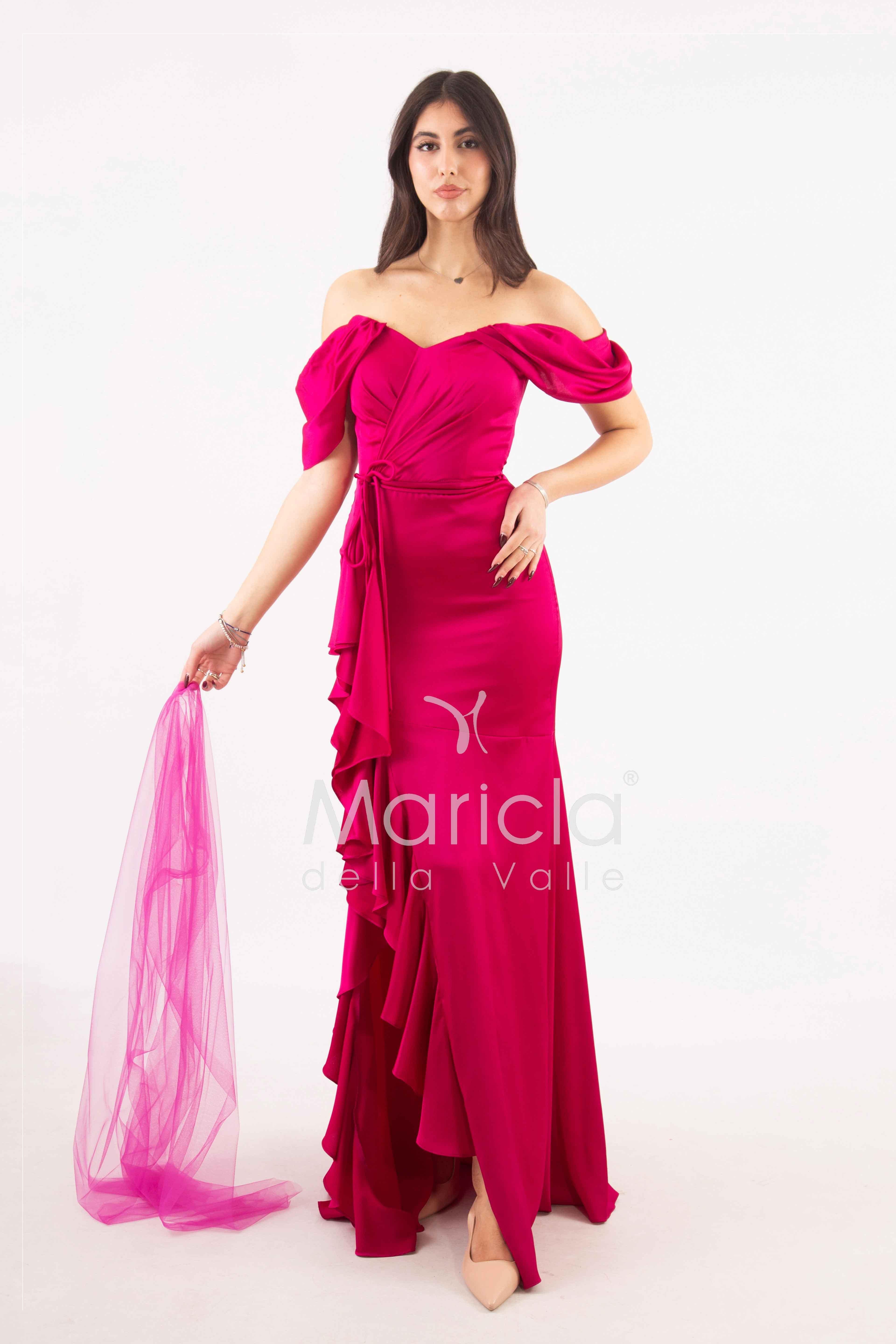 abito lungo in crepe saten con rouche ANT80018 FUXIA ANTILLE ELEGANCE 