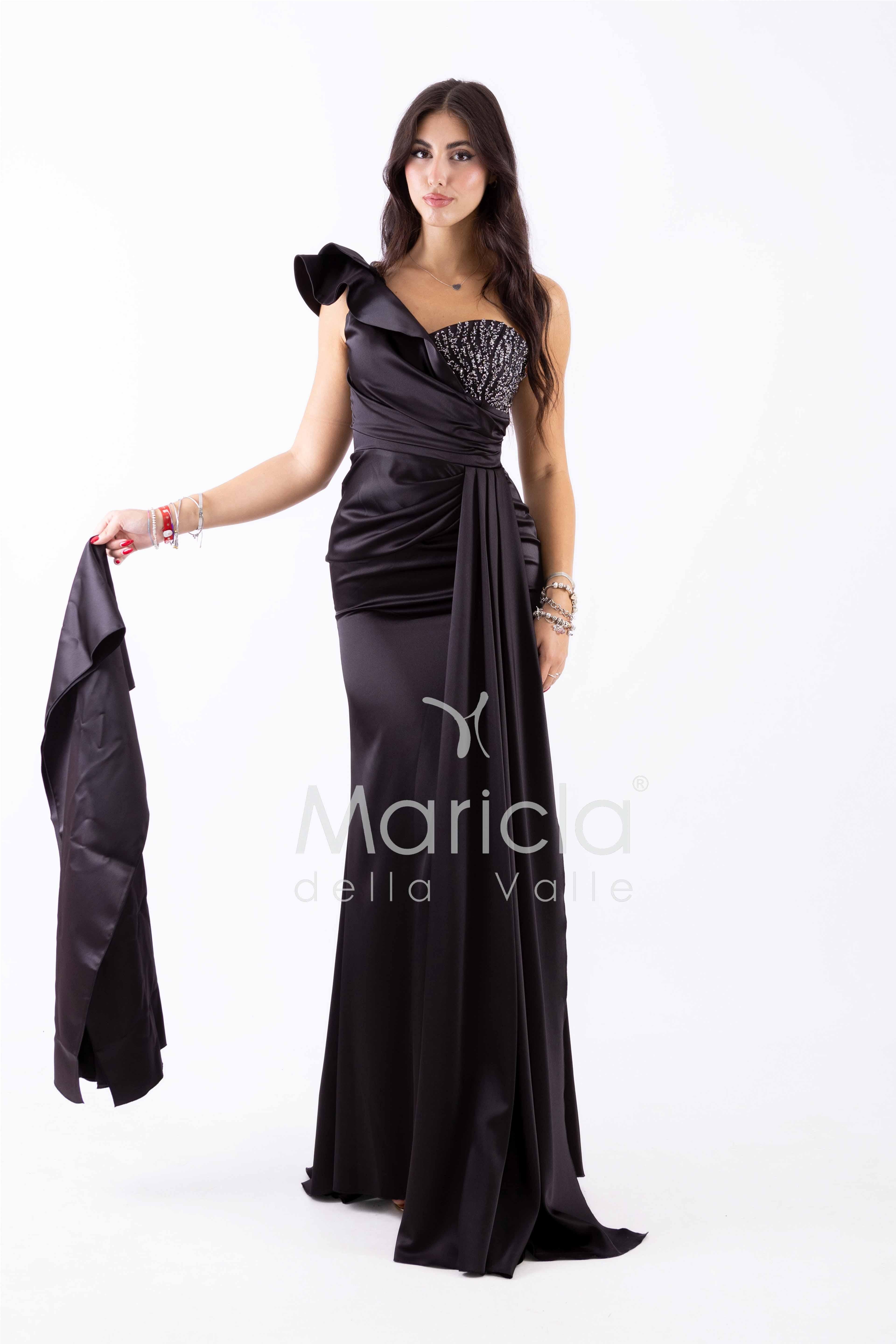 abito lungo pieghe e corpetto strass ALC05 NERO MARICLA ELEGANCE 