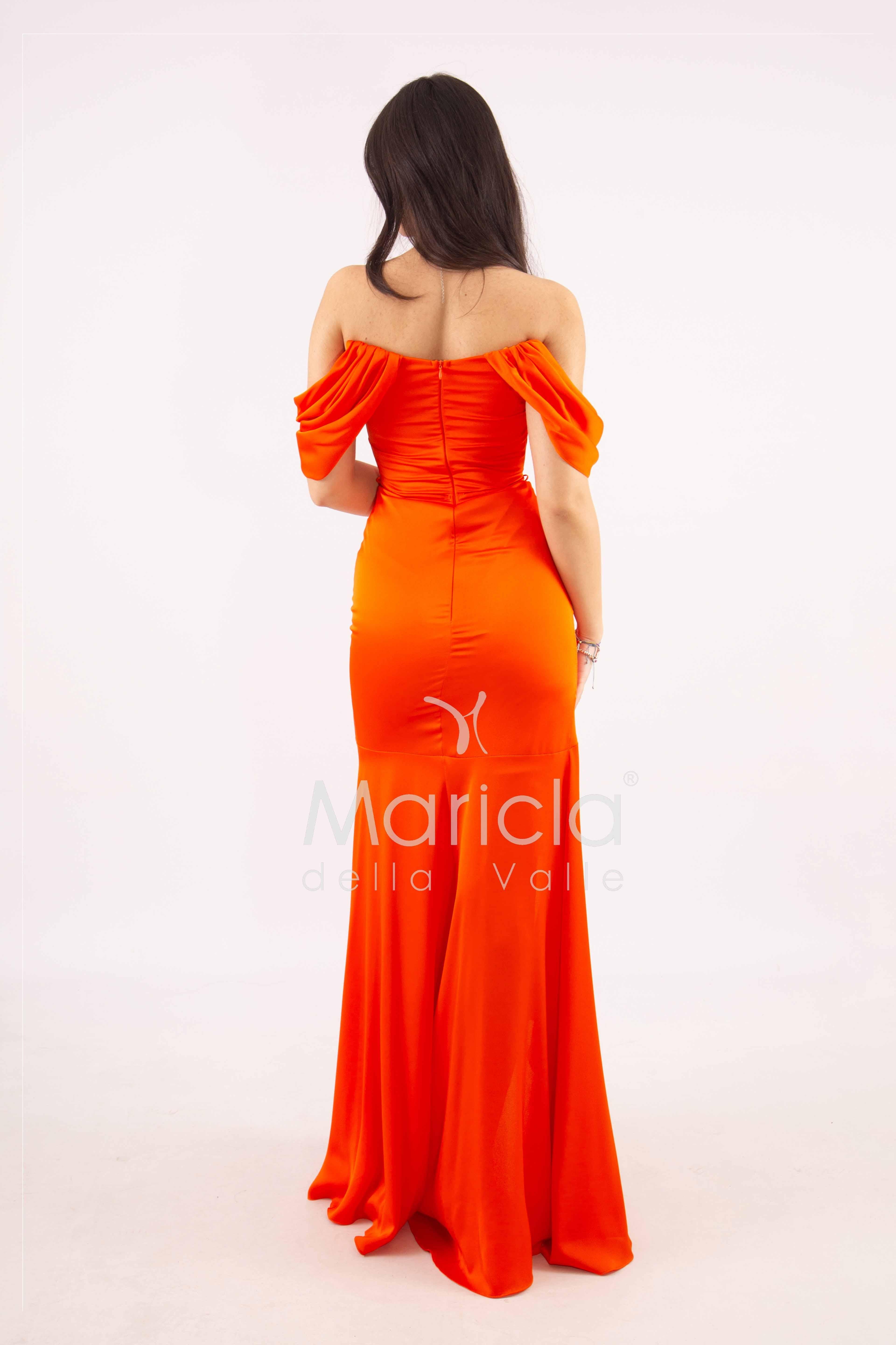 abito lungo in crepe saten con rouche ANT80018 ARANCIO ANTILLE ELEGANCE 