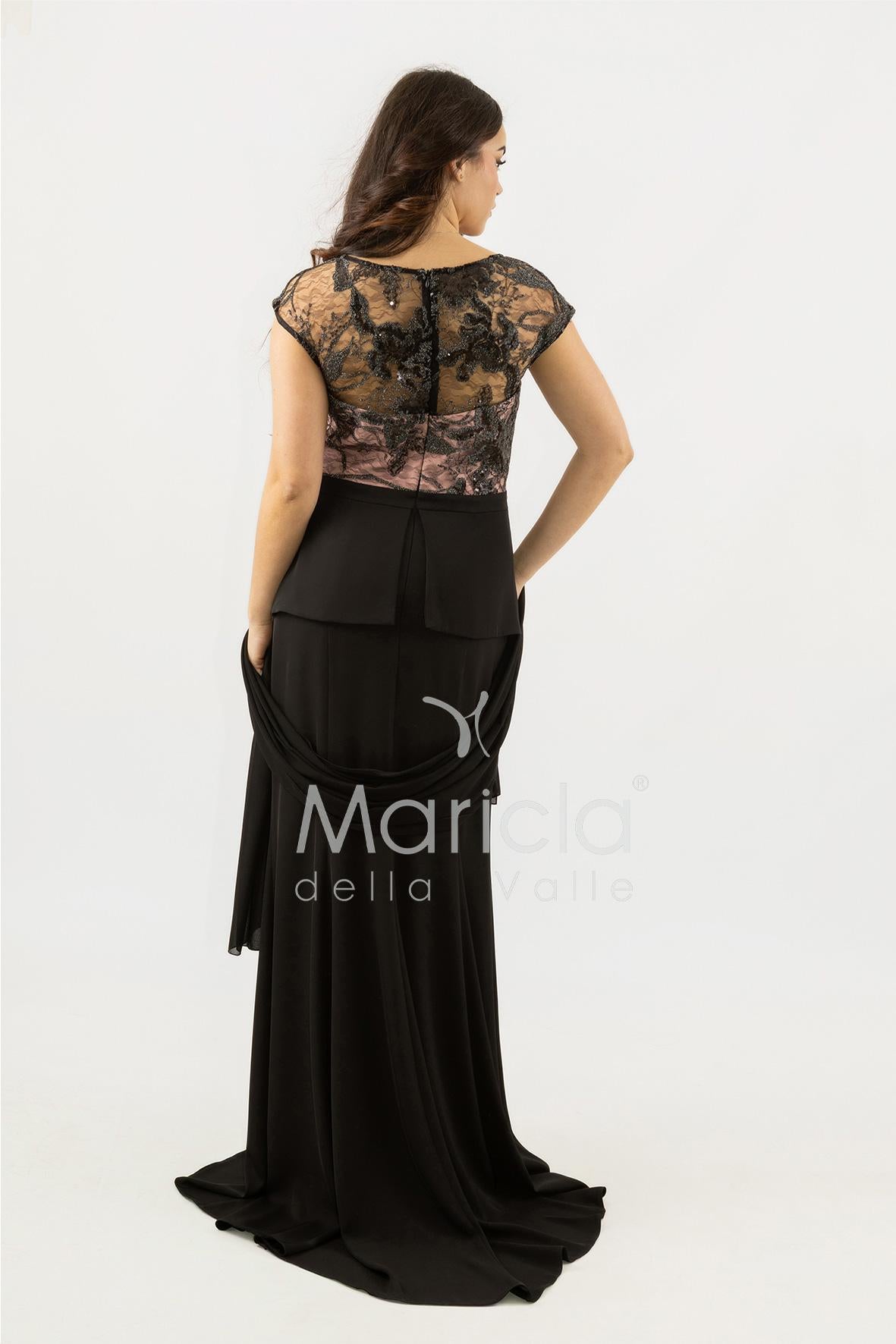 abito lungo con baschina ricamata SH839AL NERO SHARON 