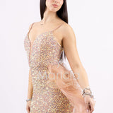 Abito midi in paillettes con strascico in tulle SS24228 ORO MARICLA ELEGANCE 