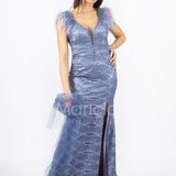 lungo ricamato con piume maniche INV2357 INDACO MARICLA ELEGANCE 