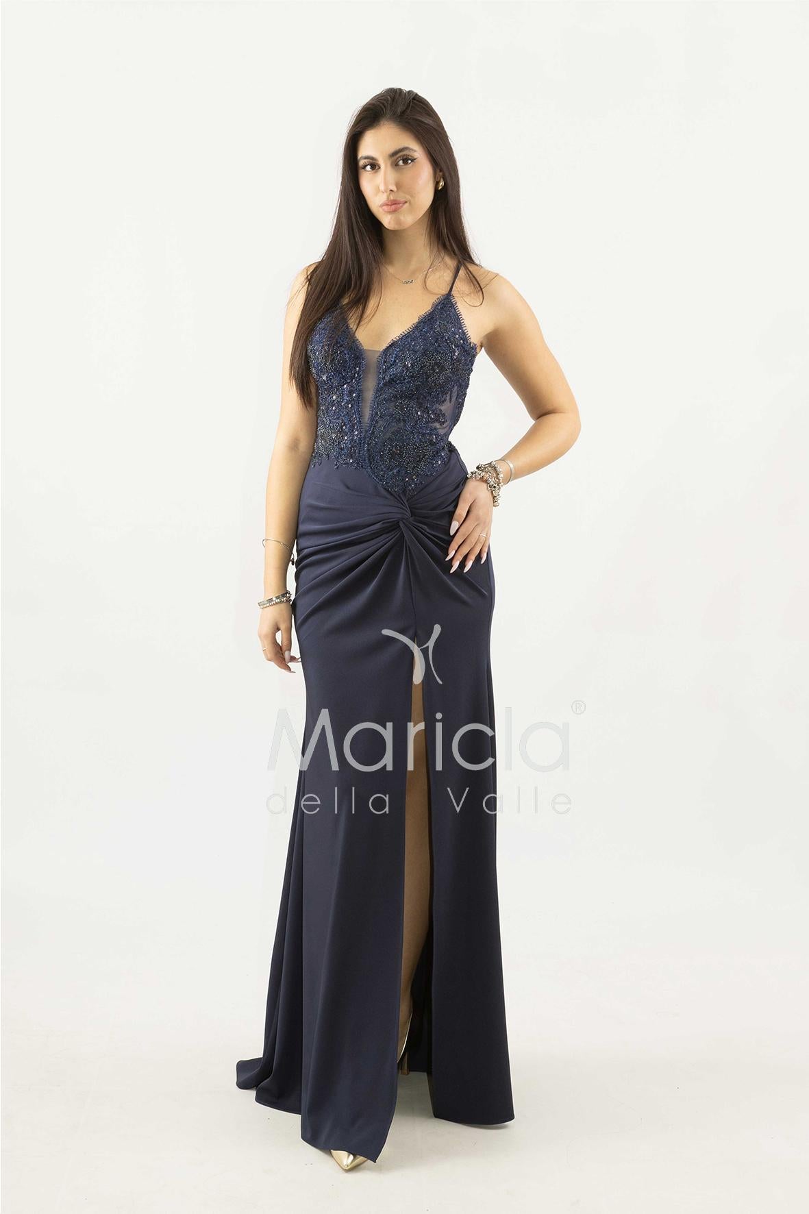 abito lungo corpetto strass e nodo laterale ANT25008XJ BLU ANTILLE ELEGANCE 