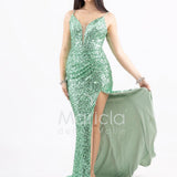 Abito lungo a sirena con paillettes e strascico PF8065F MENTA MARICLA ELEGANCE 