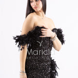 abito lungo scollo omerale spacco e piume SS23100 NERO MARICLA ELEGANCE 