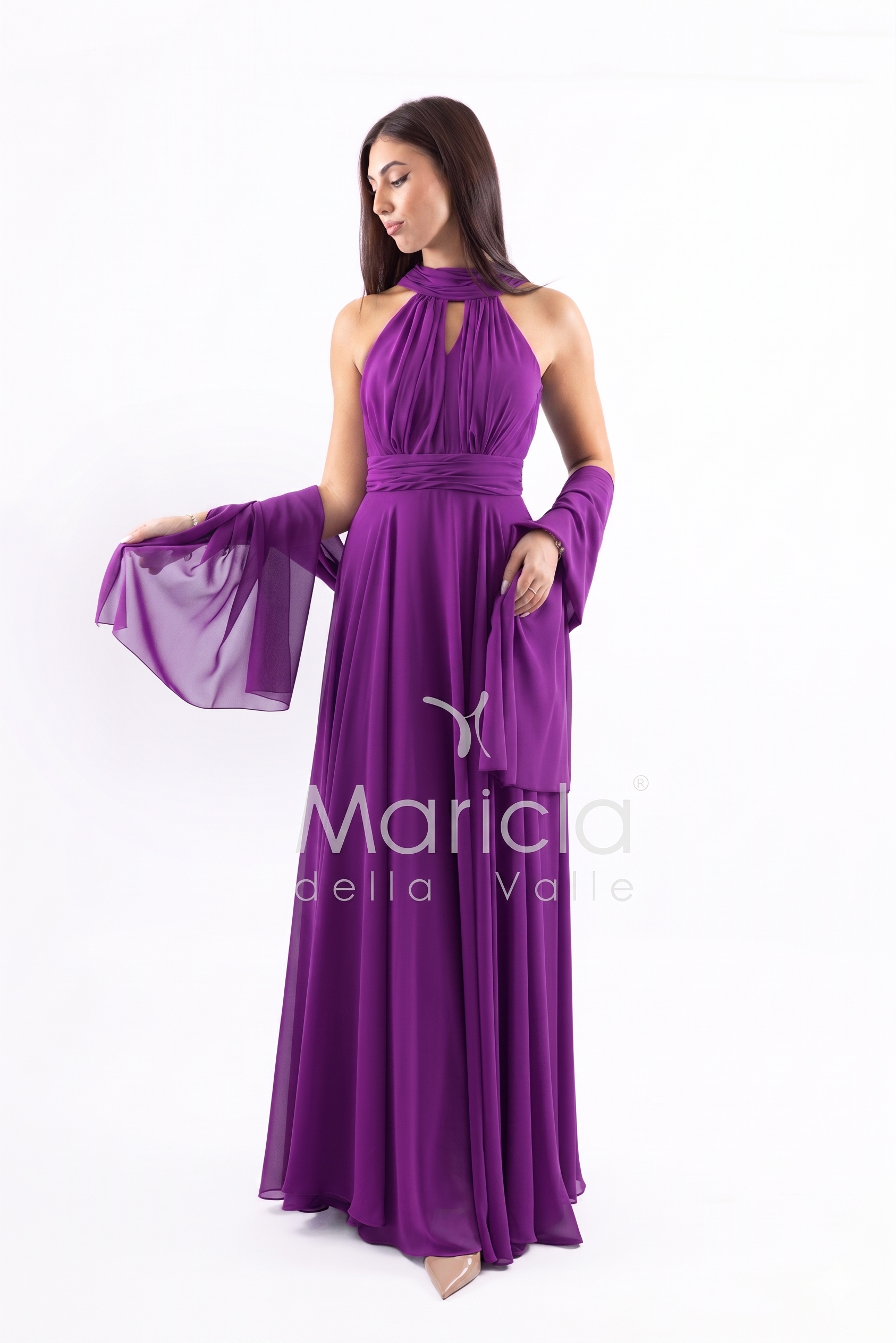 Abito lungo in chiffon con scollo americano FI7518 ORCHIDEA MARICLA ELEGANCE 
