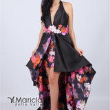 Abito lungo con cintura a fiori e interno floreale. BB27545 NERO MARICLA ELEGANCE 