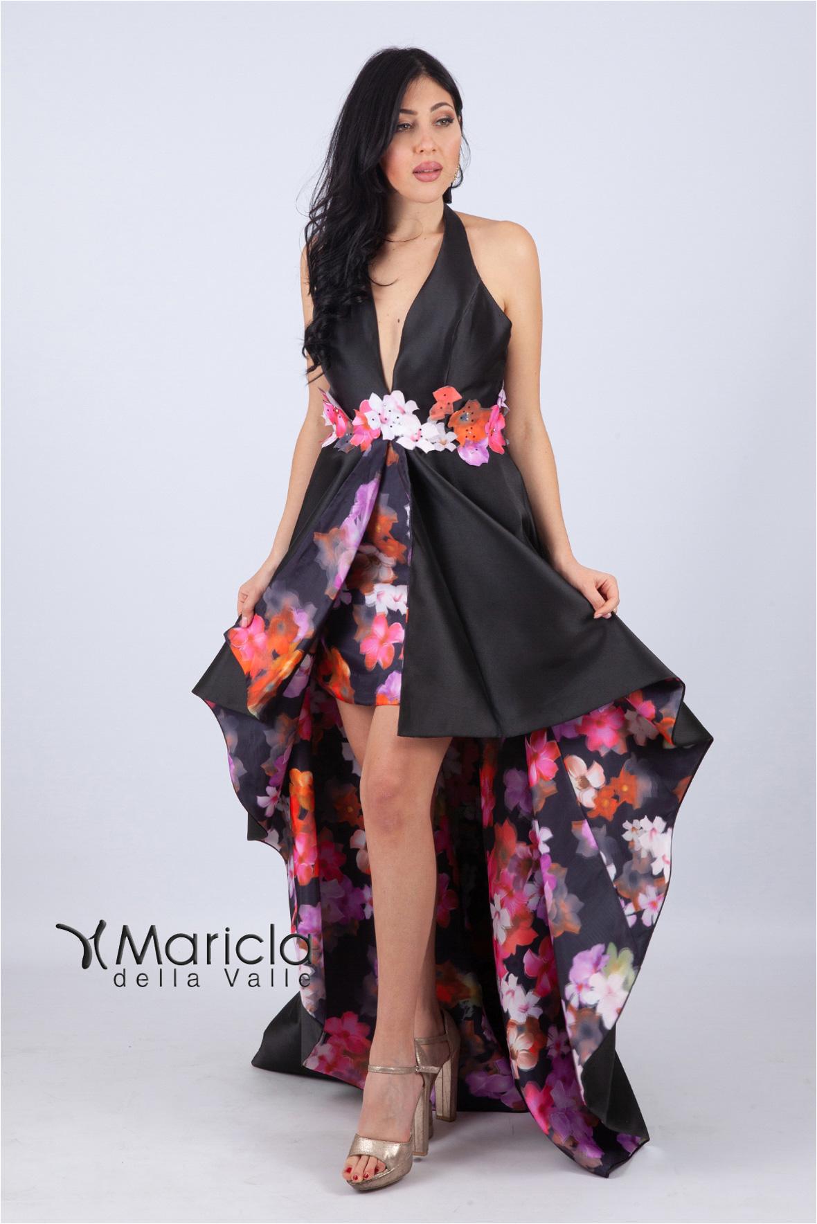 Abito lungo con cintura a fiori e interno floreale. BB27545 NERO MARICLA ELEGANCE 
