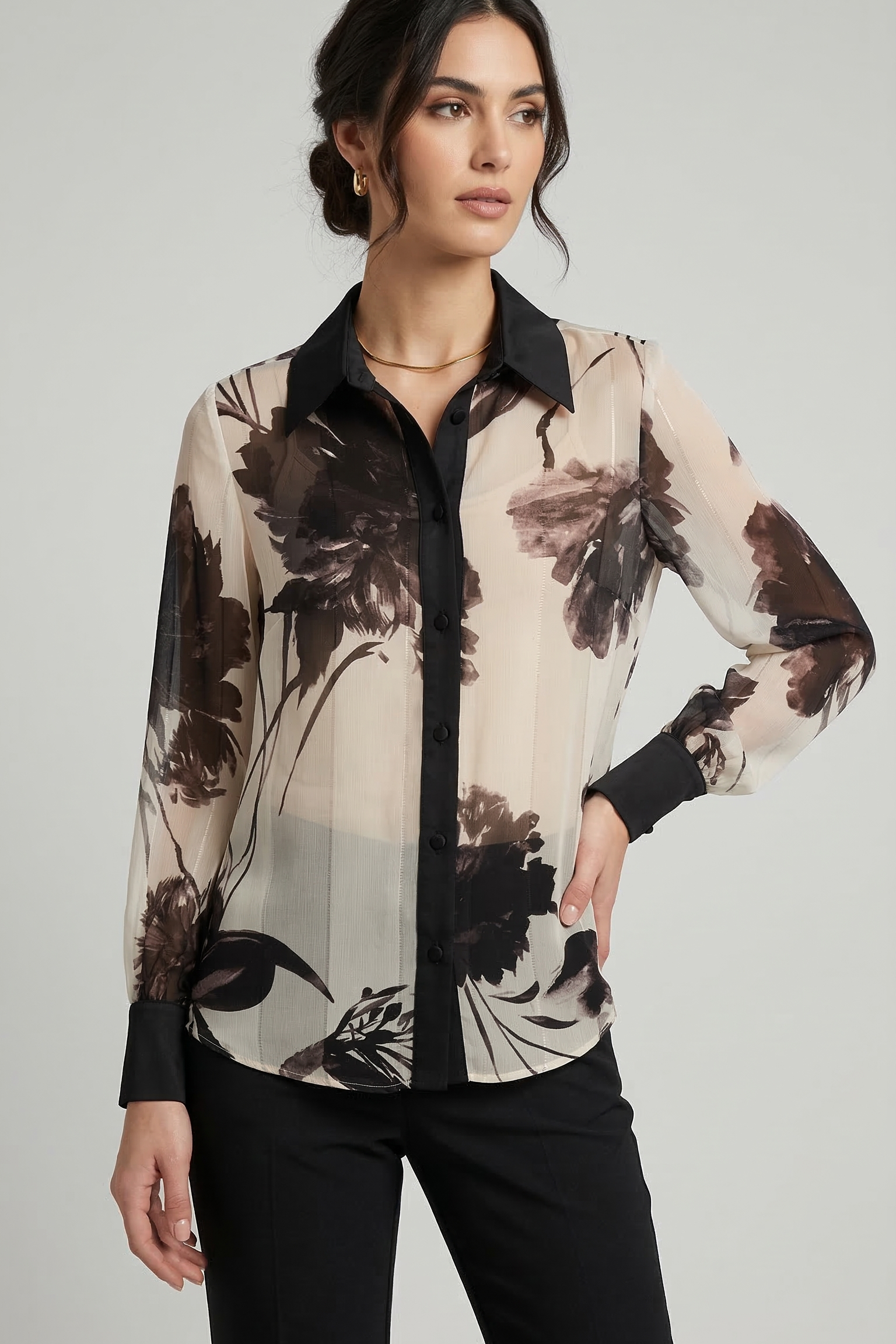 Camicia in Chiffon Semitrasparente - Motivo Floreale Artistico LIB26282 NERO MARICLA 