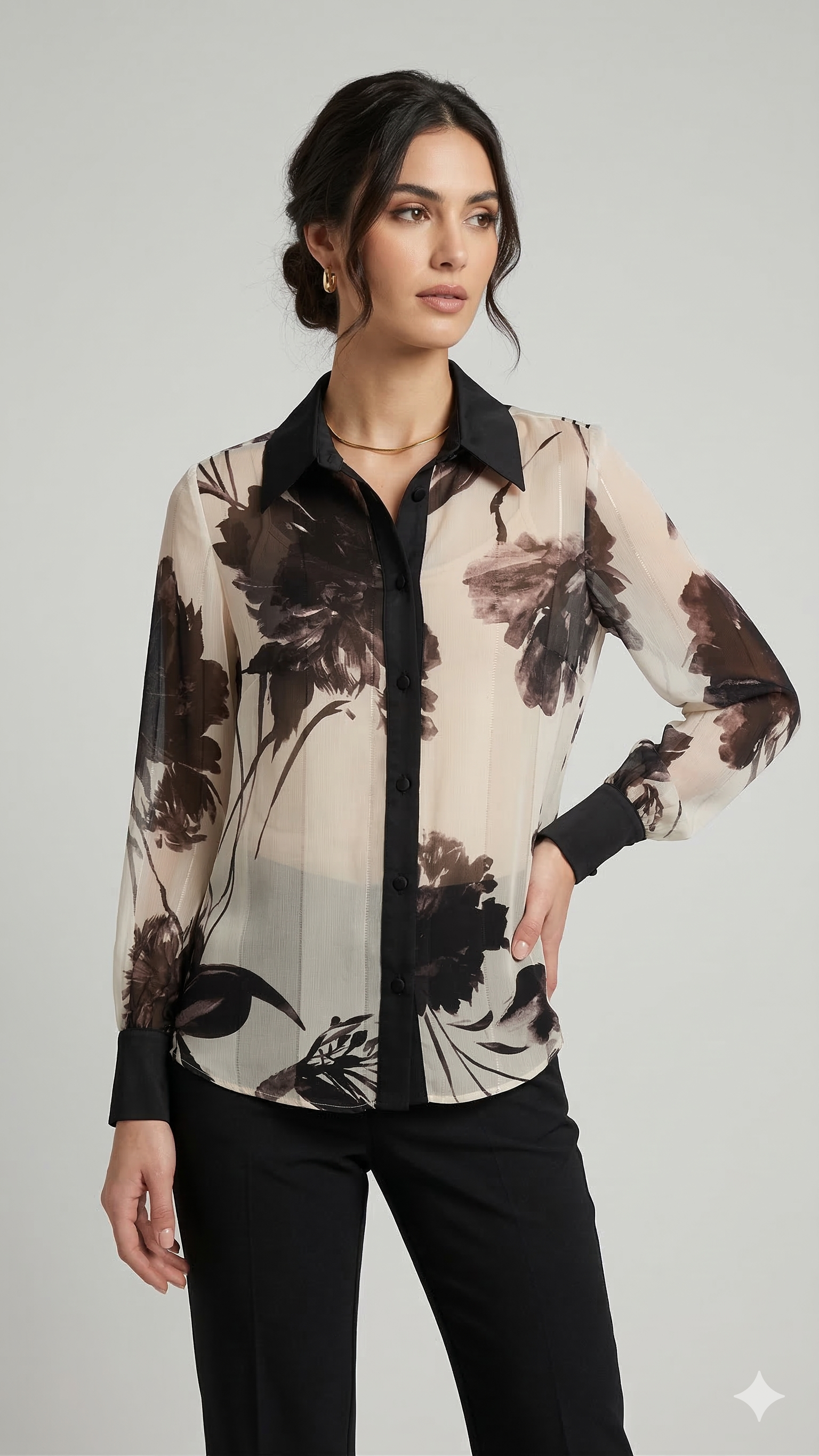 Camicia in Chiffon Semitrasparente - Motivo Floreale Artistico LIB26282 NERO MARICLA 