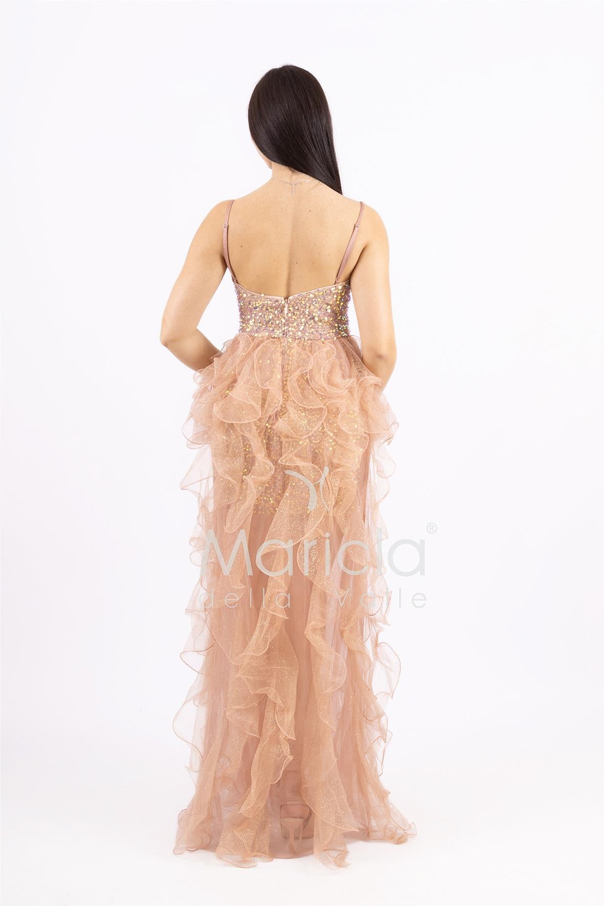 Abito midi in paillettes con strascico in tulle SS24228 ORO MARICLA ELEGANCE 