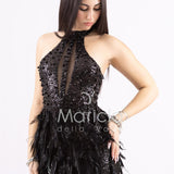 Abito corto con Paillettes e Dettagli in Piume FP613327 NERO MARICLA ELEGANCE 
