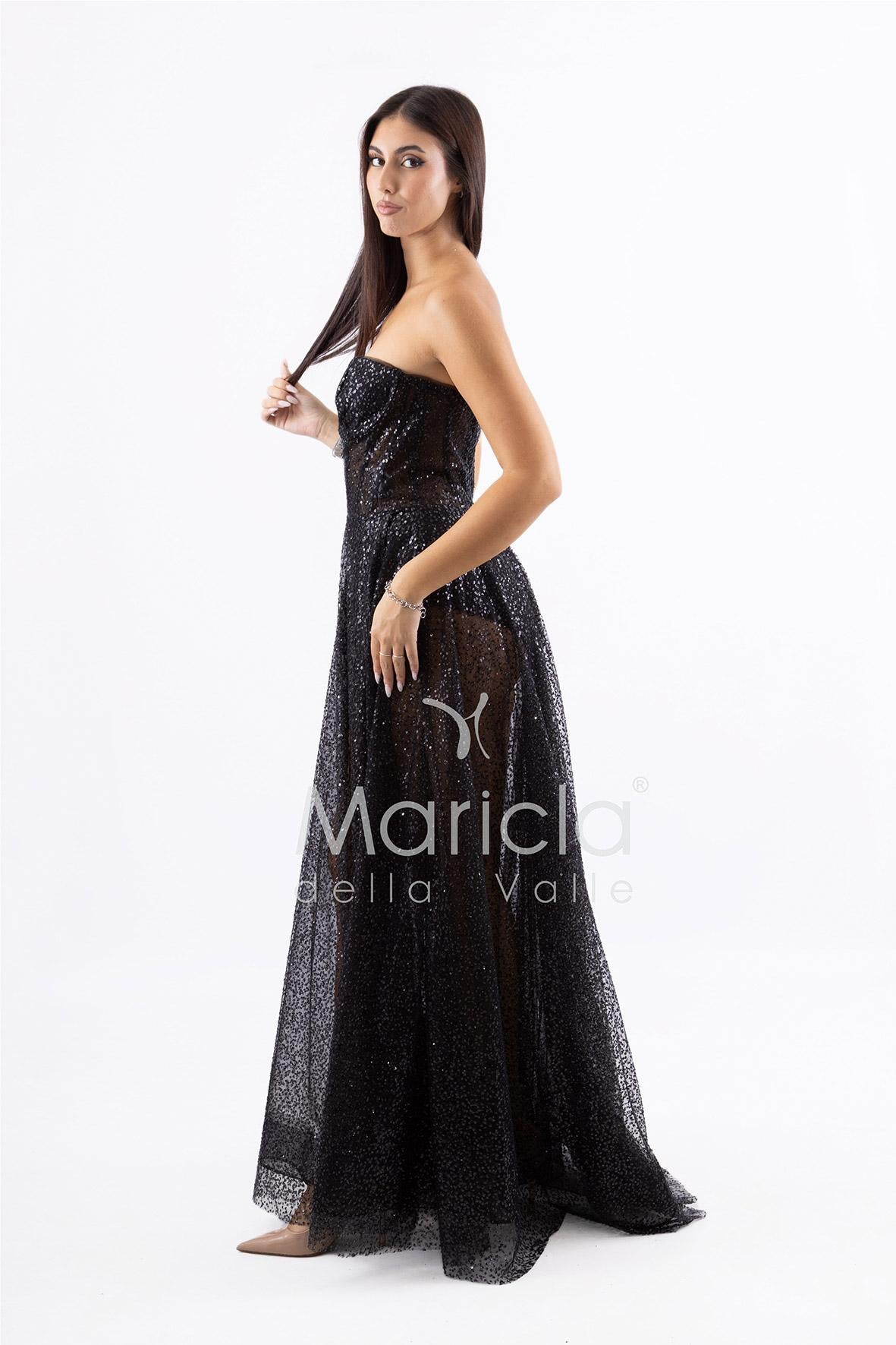 abito lungo paiette e bustier con coppe JC29336 NERO MARICLA ELEGANCE 