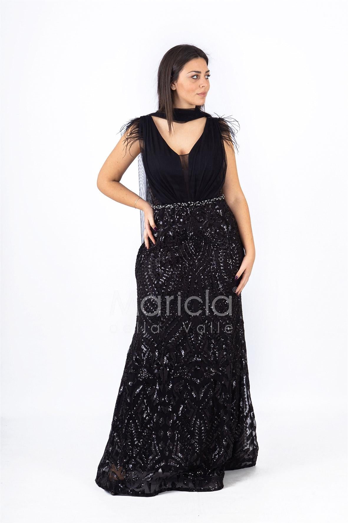 abito lungo paiette e piume RG103RF NERO GIGLI CERIMONIA 