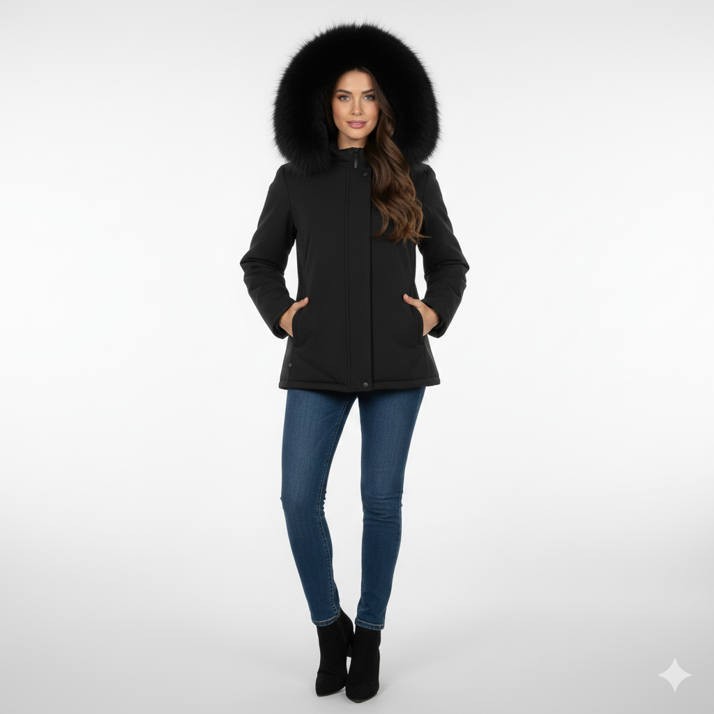 giaccone medio liscio con cappuccio in pelliccia LIN3434 NERO MARICLA 