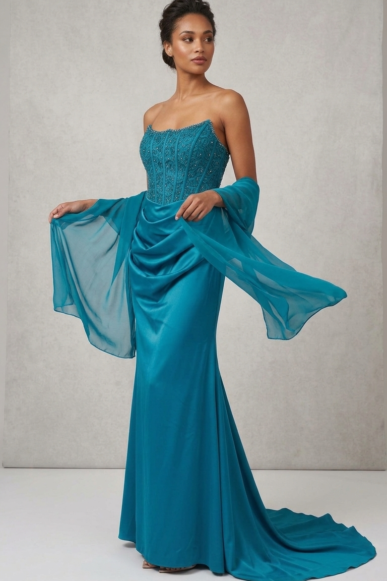 abito lungo con corpetto macramè CAR58595 PETROLIO MARICLA ELEGANCE 