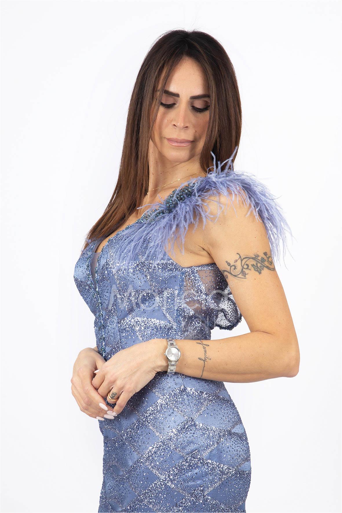 lungo ricamato con piume maniche INV2357 INDACO MARICLA ELEGANCE 