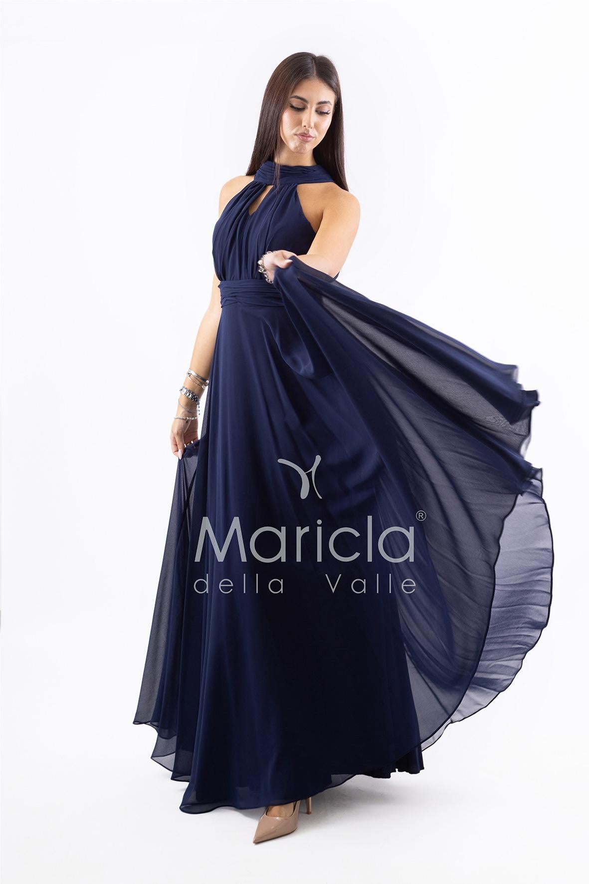Abito lungo in chiffon con scollo americano FI7518 BLU MARICLA ELEGANCE 