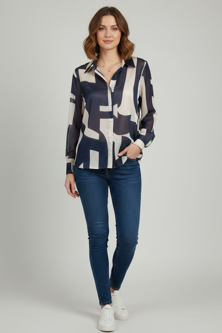 Camicia in Chiffon a Stampa Geometrica Abstract ROMI2743 BLU MARICLA 