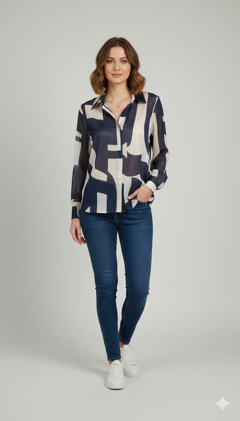 Camicia in Chiffon a Stampa Geometrica Abstract ROMI2743 BLU MARICLA 