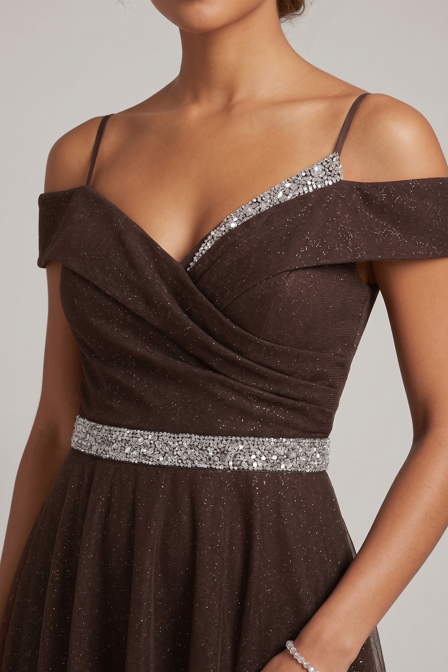 abito lungo glitter fascia strass FI7661 MORO MARICLA ELEGANCE 