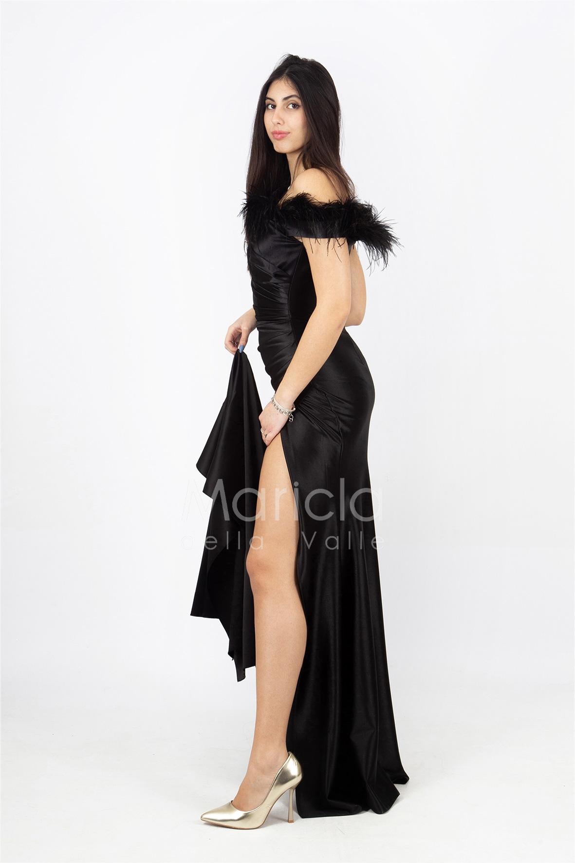 abito lungo con piume scollo HC5011 NERO MARICLA ELEGANCE 