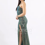 Abito a sirena  lungo con strass e spacco frontale FP578111 VERDE MARICLA ELEGANCE 
