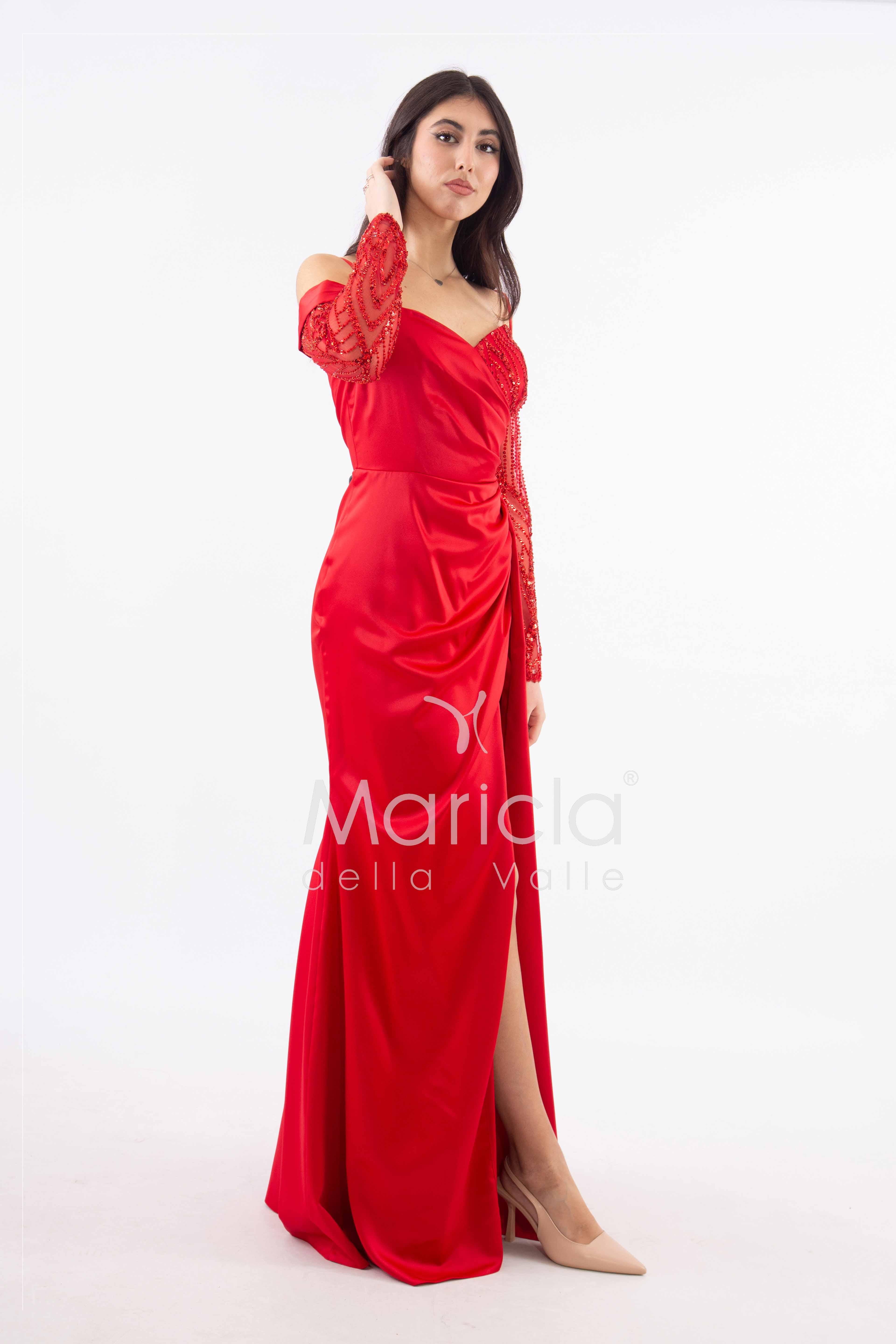 abito lungo con maniche paiette HC7389 ROSSO MARICLA ELEGANCE 