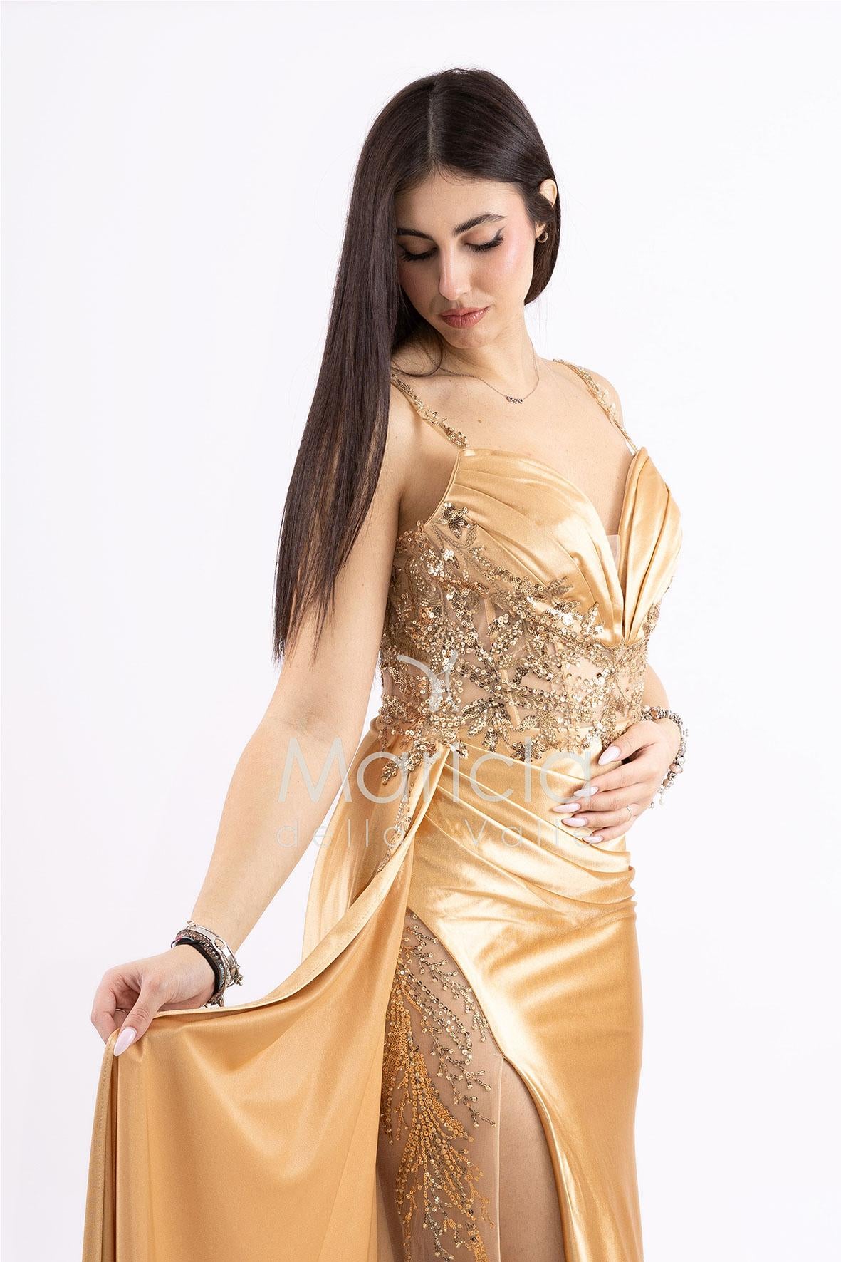 Abito lungo con pizzo ricami e perline FP826007 ORO MARICLA ELEGANCE 