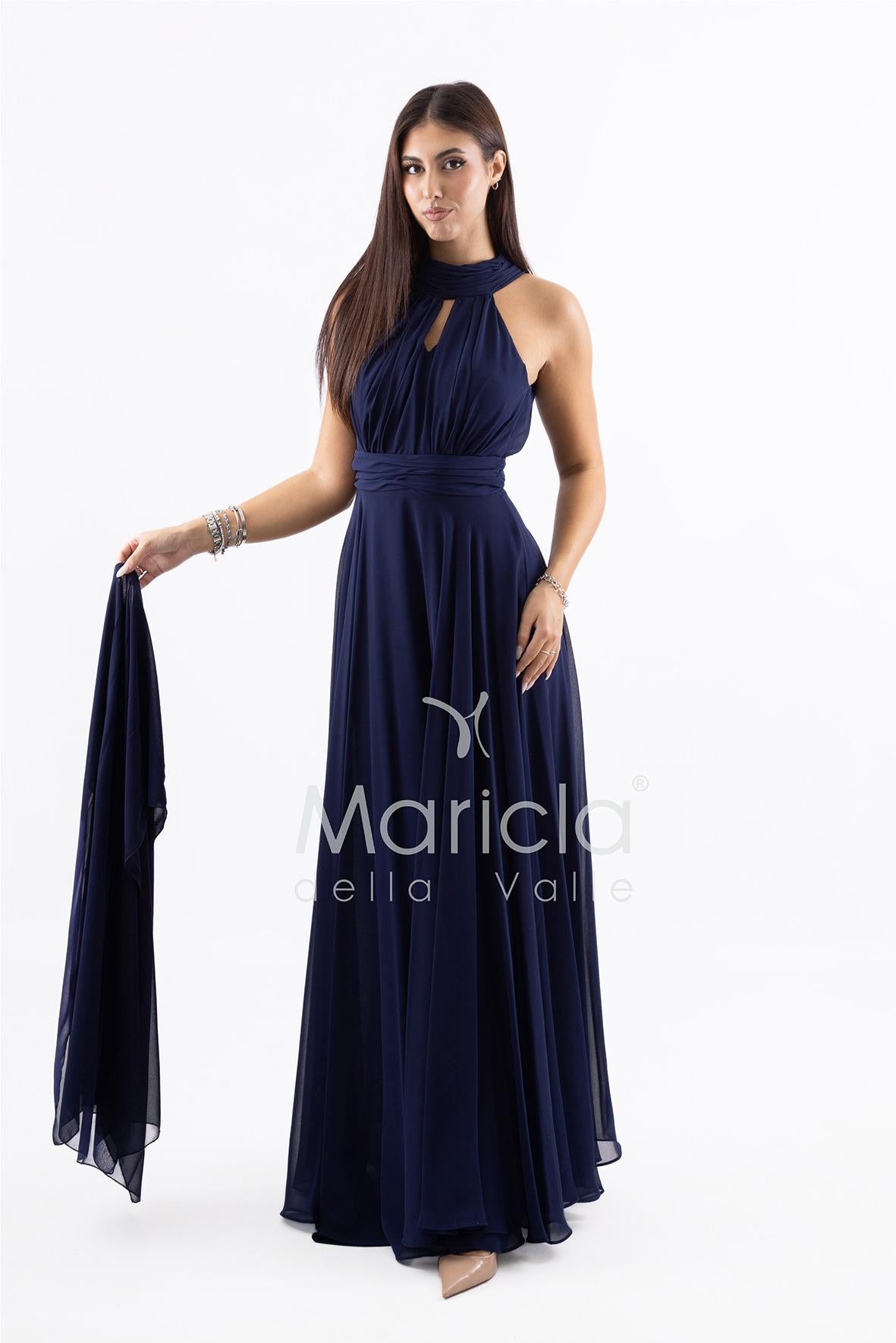 Abito lungo in chiffon con scollo americano FI7518 BLU MARICLA ELEGANCE 
