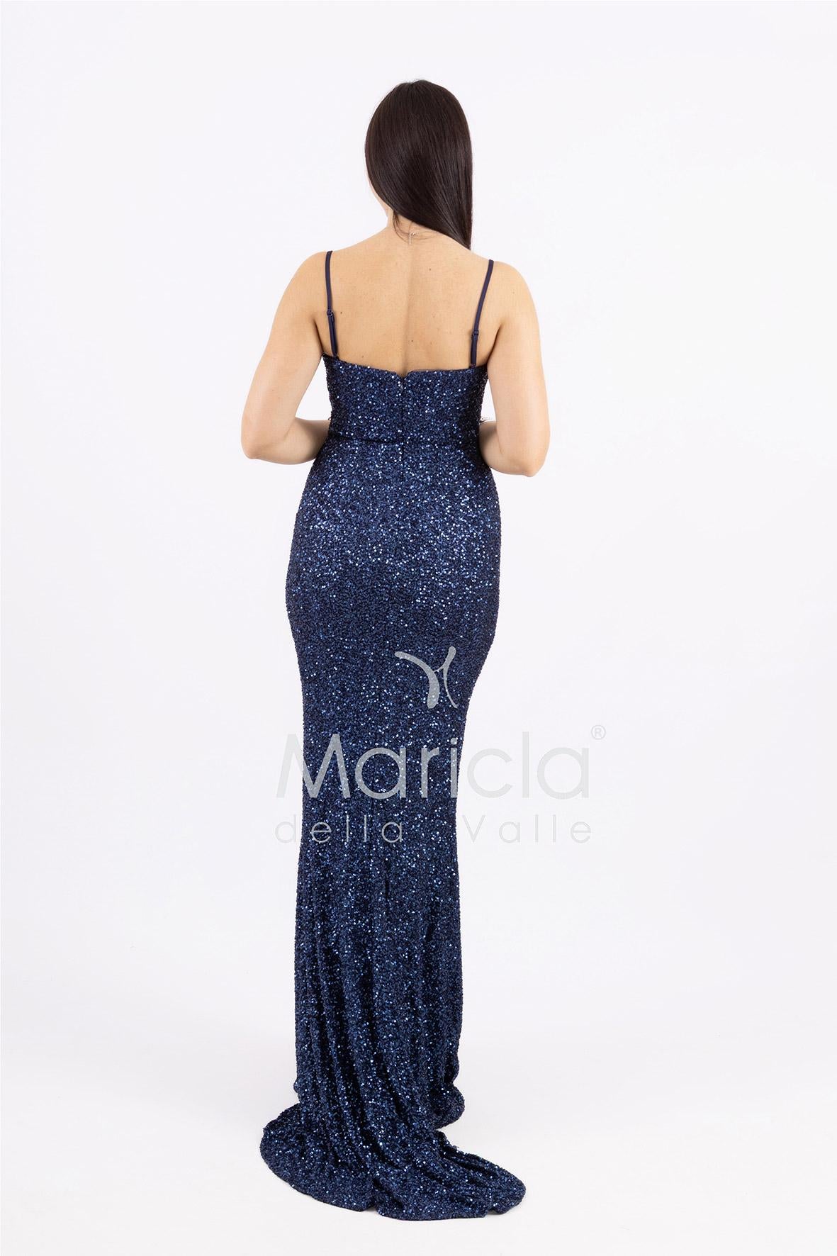 abito lungo paillettes drappeggio e spacco PB8066F BLU MARICLA ELEGANCE 