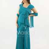 tuta con baschina e dettagli con fiore SH403TU PETROLIO SHARON 