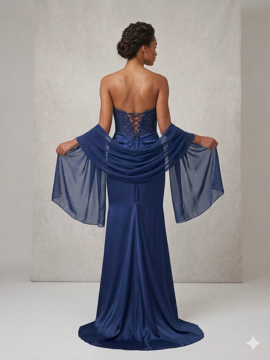 abito lungo con corpetto macramè CAR58595 BLU MARICLA ELEGANCE 