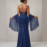 abito lungo con corpetto macramè CAR58595 BLU MARICLA ELEGANCE 