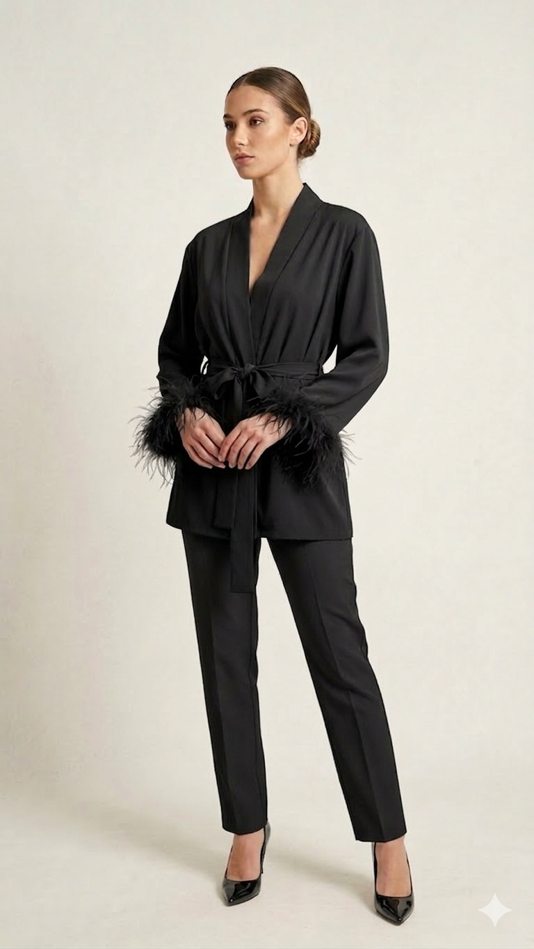 Giacca Kimono con Polsini in Piume DB11010 NERO MARICLA 