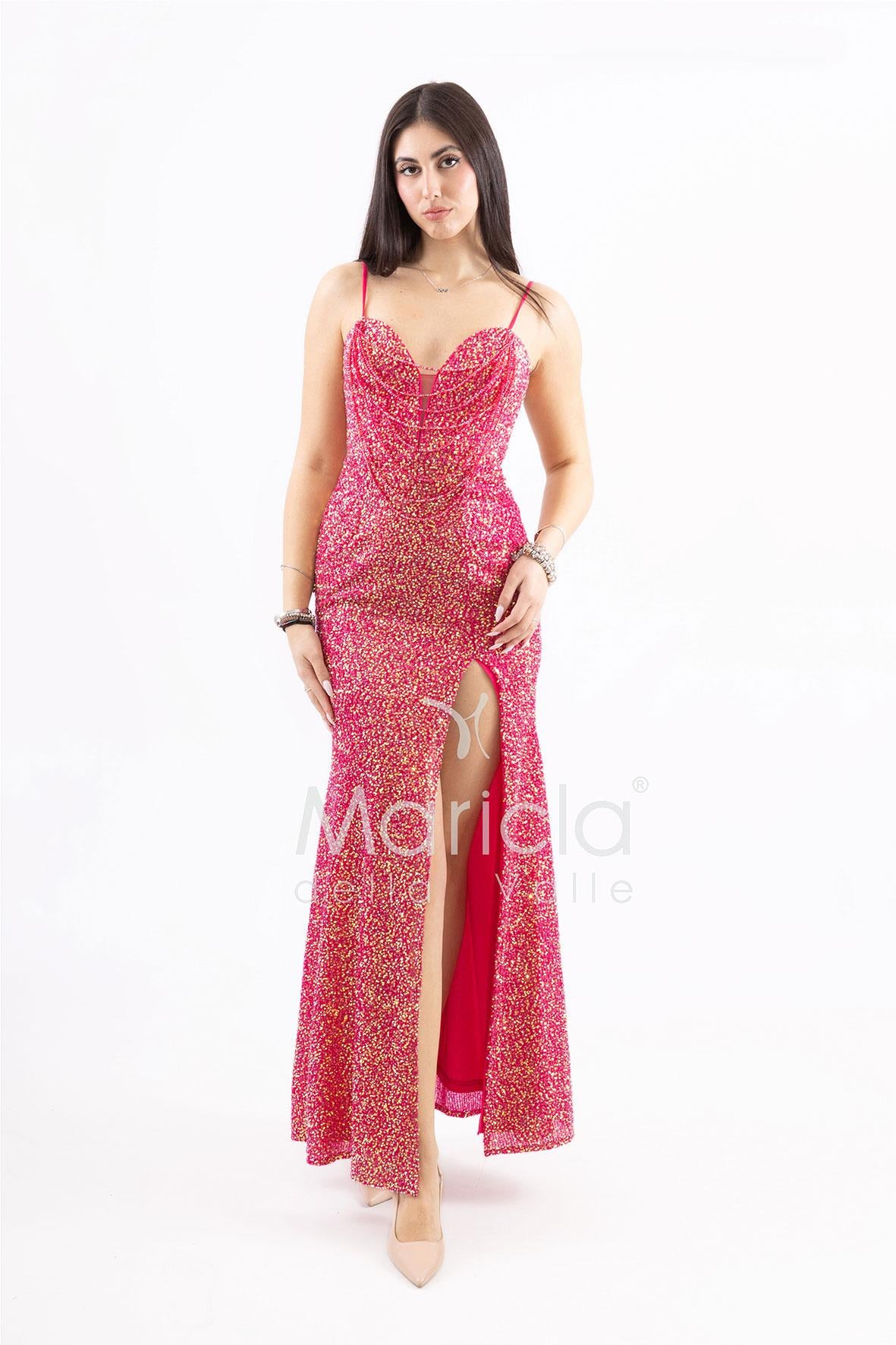 Abito a sirena  lungo con strass e spacco frontale FP578111 FUCSIA MARICLA ELEGANCE 