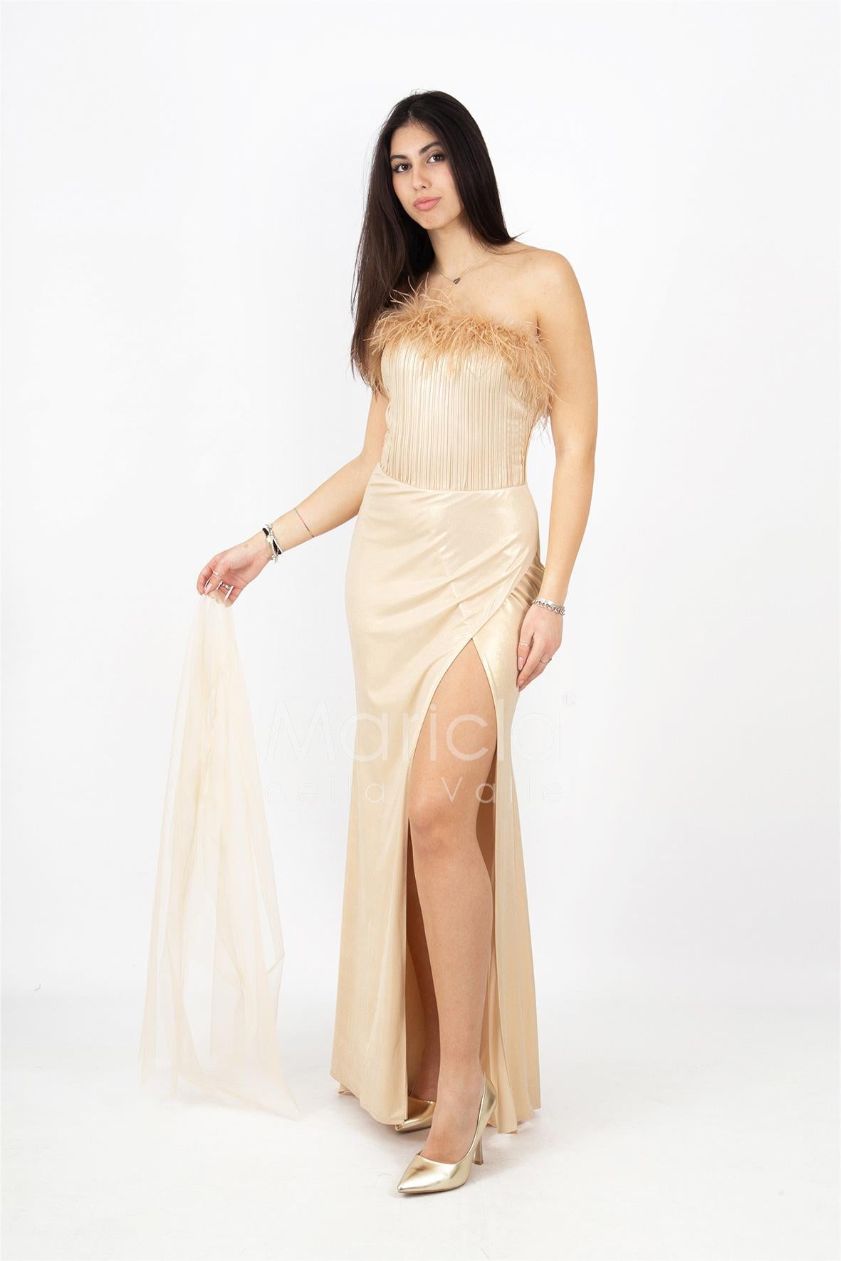 abito con corpetto piume INV2331 ORO MARICLA ELEGANCE 