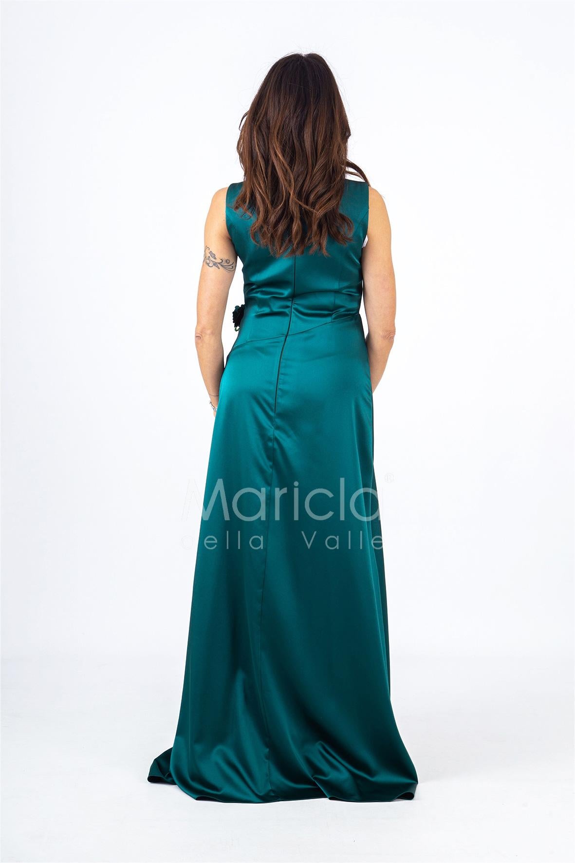 abito lungo con fusciacca e fiore RG4227 VERDE GIGLI CERIMONIA 