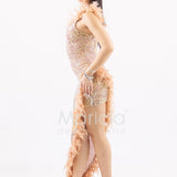 abito lungo spacco e piume SS23100 ORO MARICLA ELEGANCE 