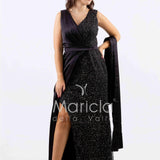 abito lungo ricamo paiette laterale ALC01 NERO MARICLA ELEGANCE 
