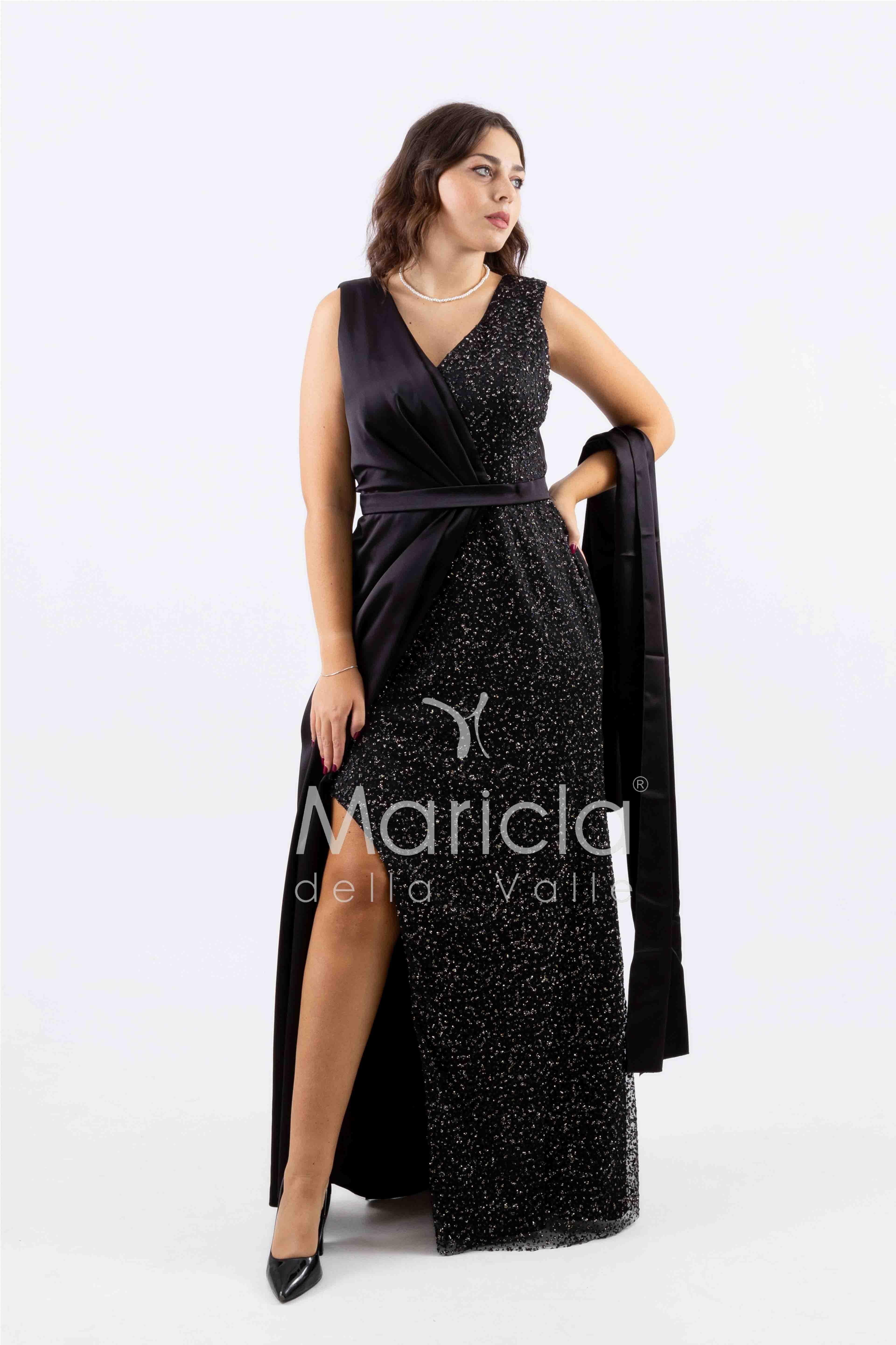 abito lungo ricamo paiette laterale ALC01 NERO MARICLA ELEGANCE 