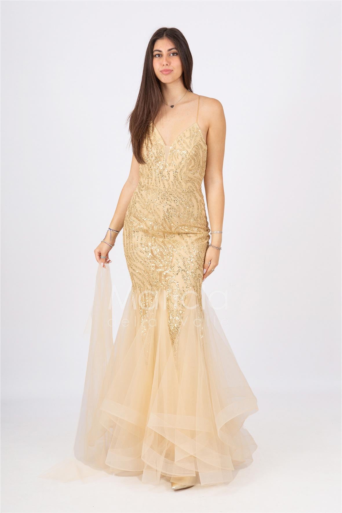 abito lungo glitter con triangoli toulle FI7269 ORO MARICLA ELEGANCE 