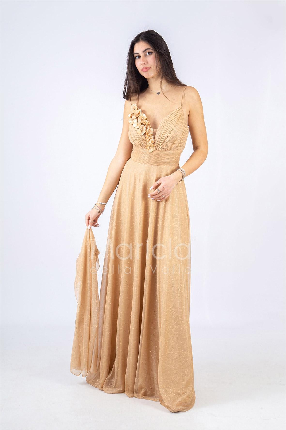 abito lungo glitterato con rose RG94PB ORO GIGLI CERIMONIA 