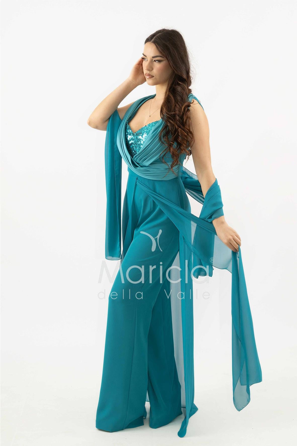 tuta con scollo paiette SH910TU PETROLIO SHARON 