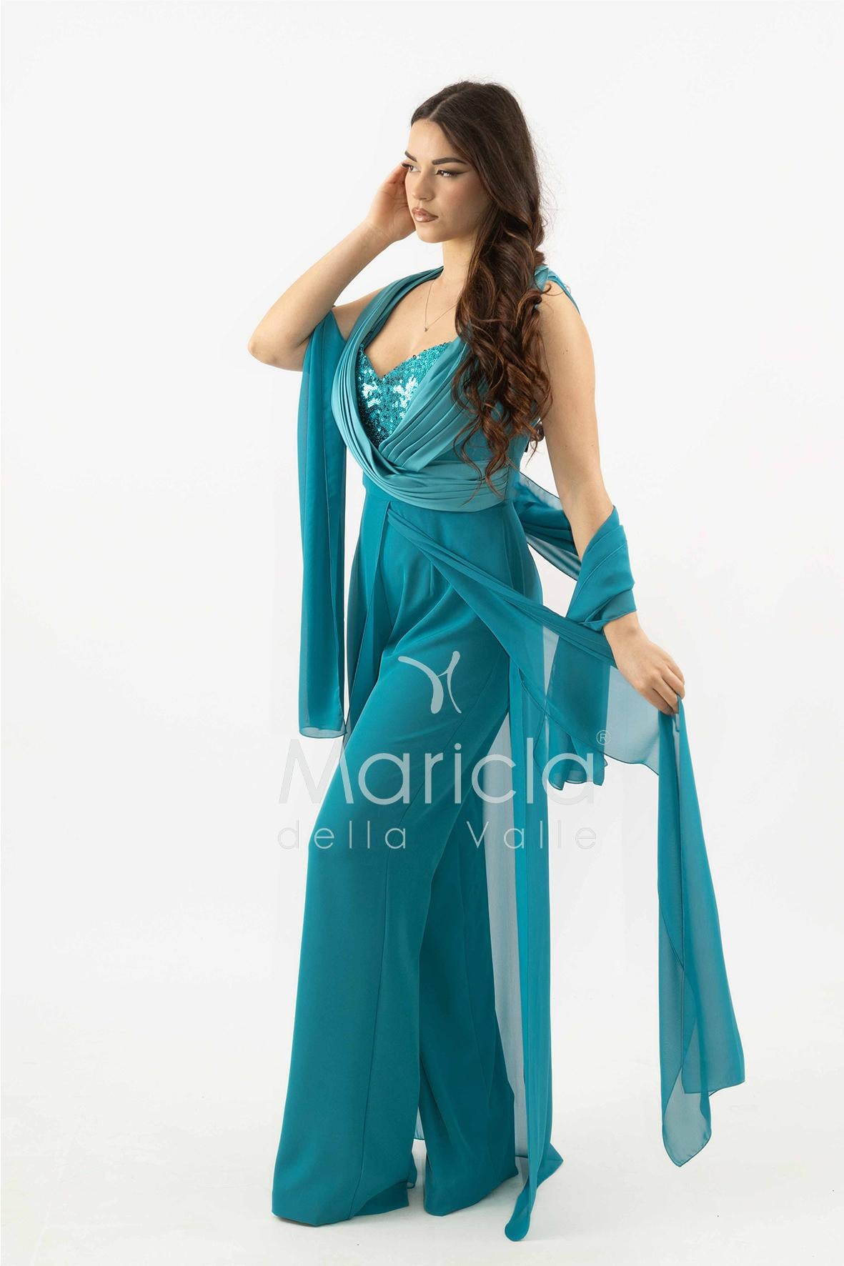 tuta con scollo paiette SH910TU PETROLIO SHARON 
