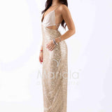 abito lungo paiette e raso scollato DEG55233 ORO MARICLA ELEGANCE 