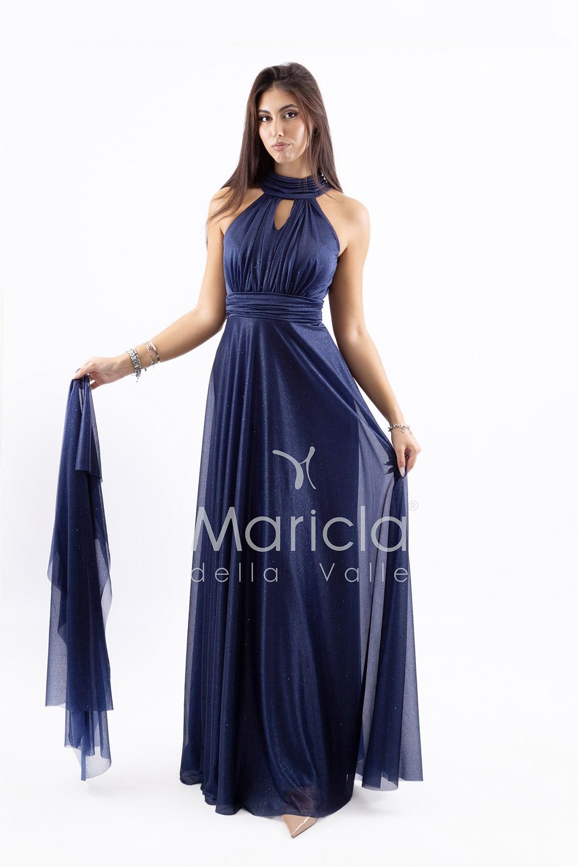 abito lungo scollo america glitter FI6646 BLU MARICLA ELEGANCE 