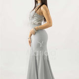 abito lungo con corpetto in strass e piume SH842AL ARGENTO SHARON 
