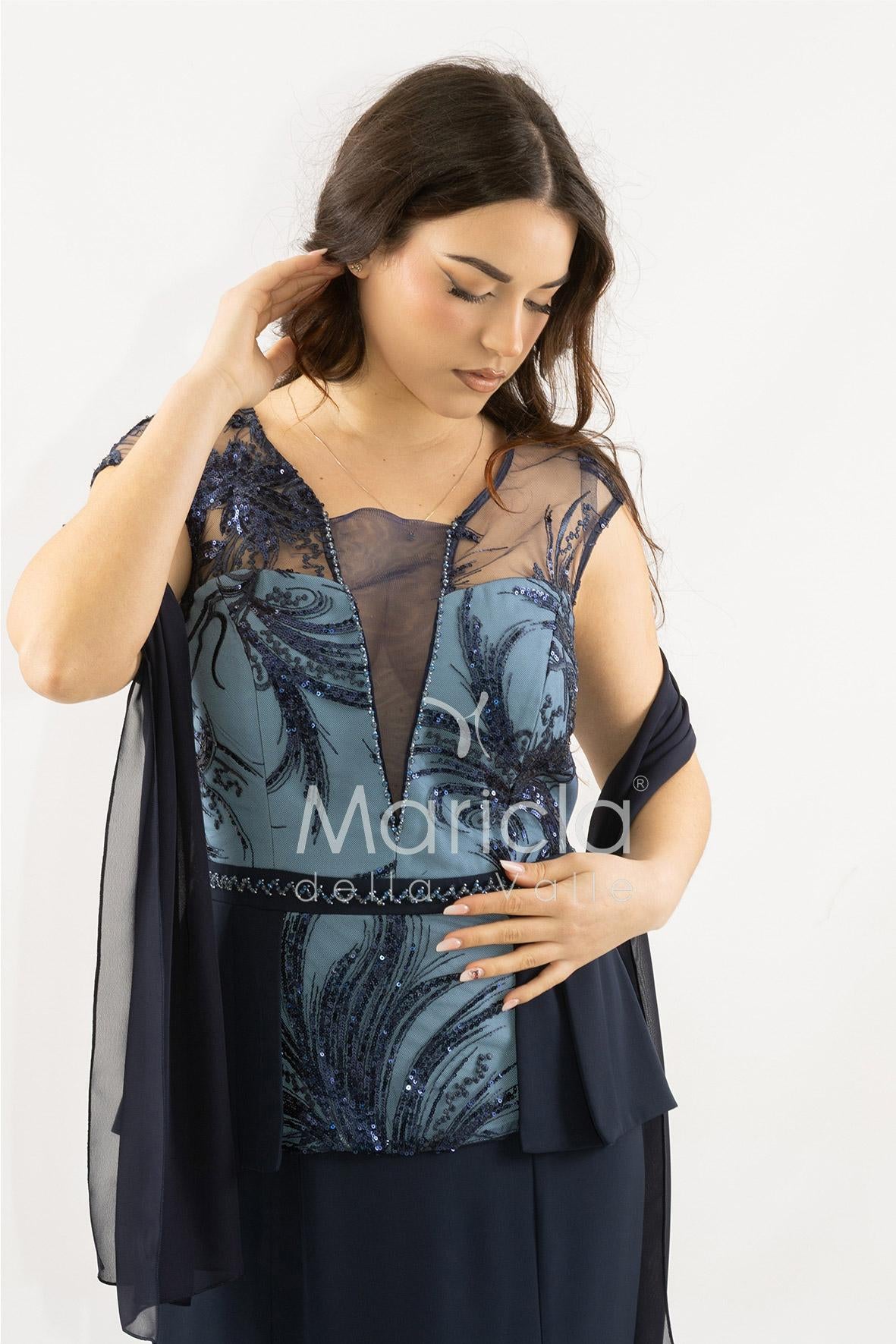abito lungo con baschina ricamata SH839AL BLU SHARON 