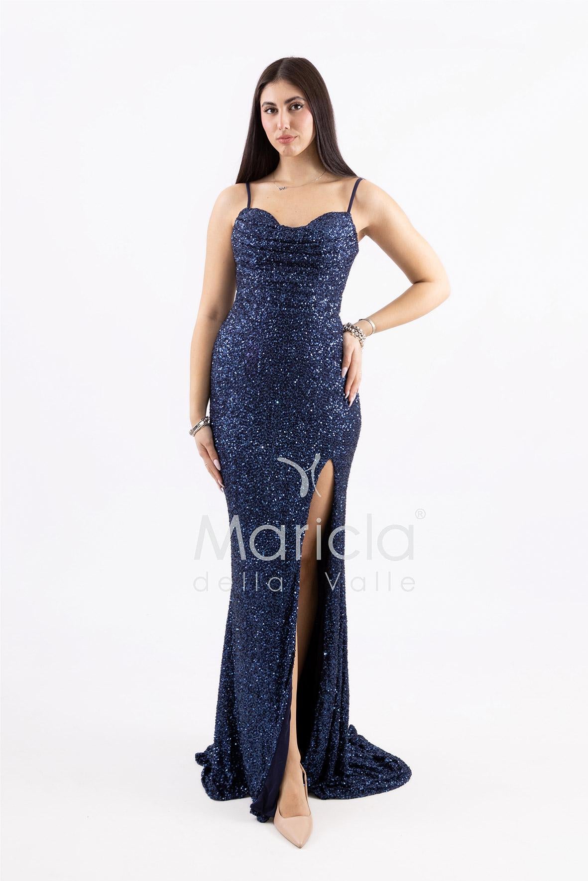 abito lungo paillettes drappeggio e spacco PB8066F BLU MARICLA ELEGANCE 